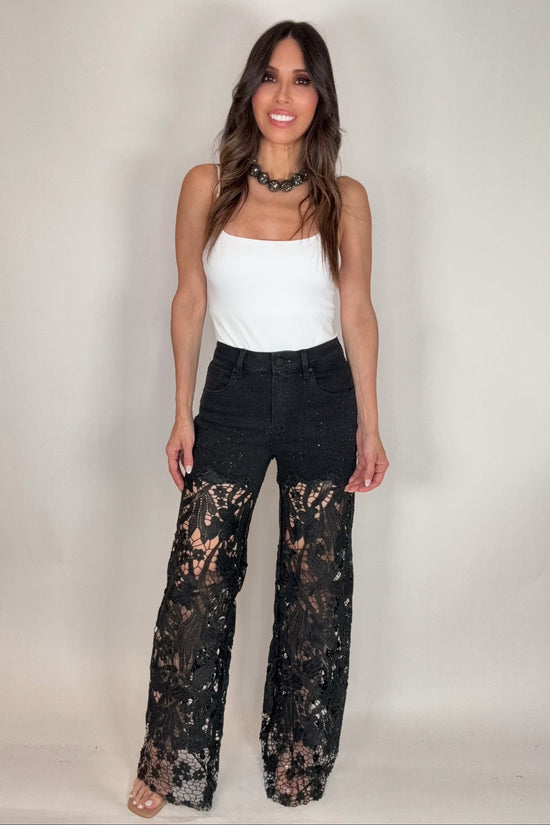 Black High Rise Wide Leg Lace Embellished Jeans - Born To Glam Born To Glam