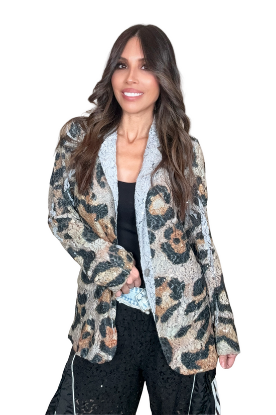Grey Leopard Sequin Lace Blazer Jacket - Born To Glam Born To Glam