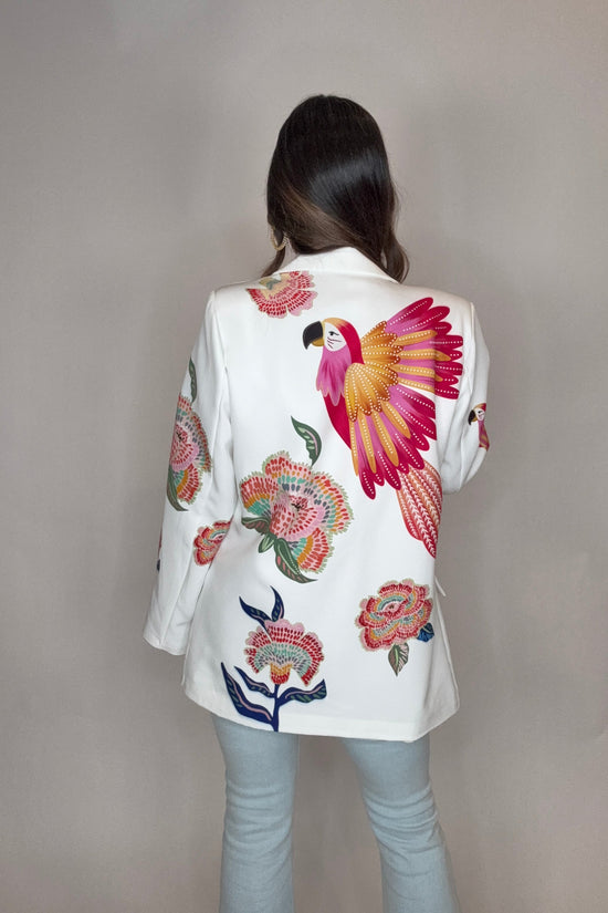 Italian White Parrot Printed Blazer - Born To Glam Born To Glam
