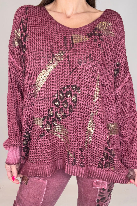 Wine Red Metallic Gold Waffle Knit - Born To Glam Born To Glam