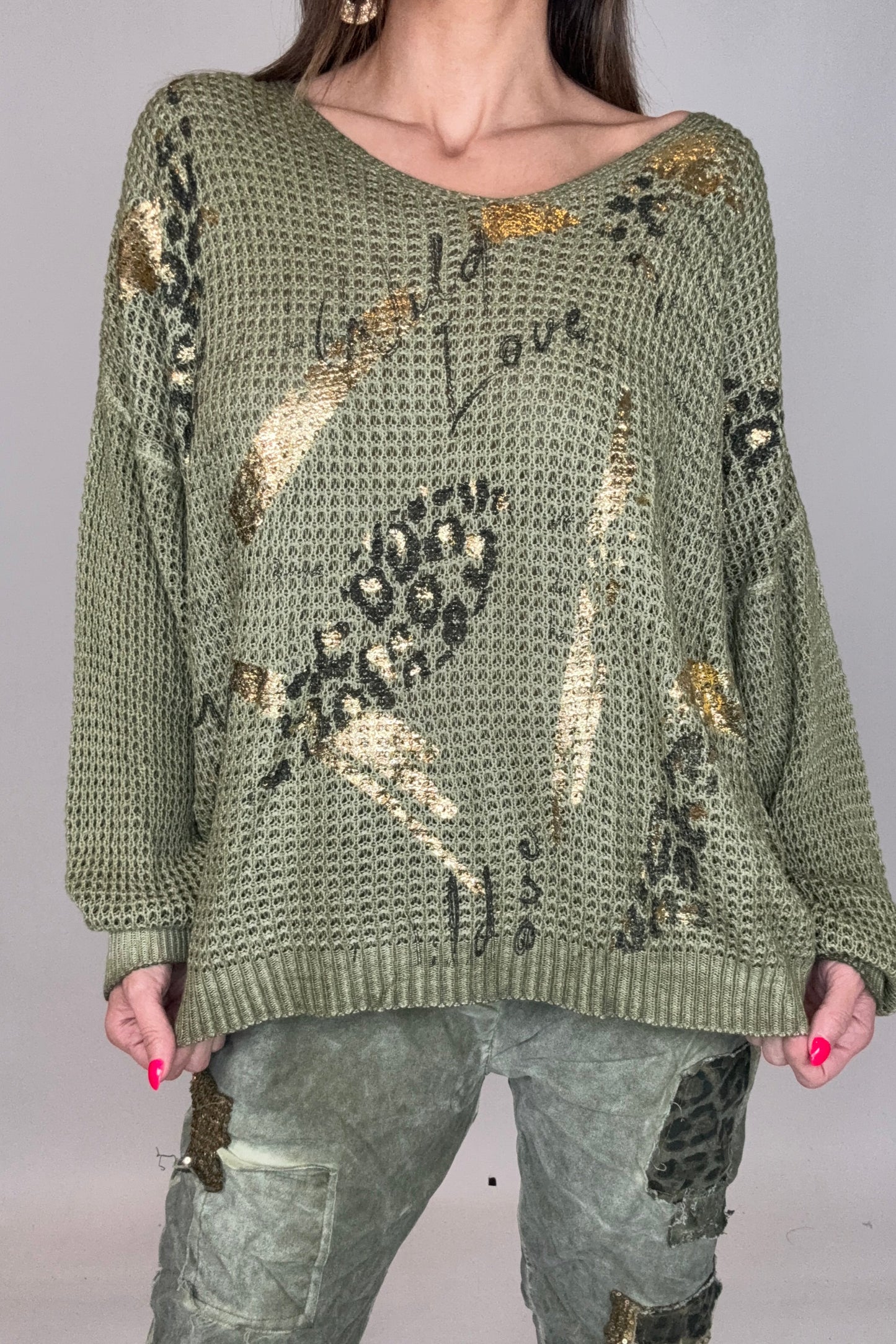 Avocado Green Metallic Gold Waffle Knit - Born To Glam Born To Glam