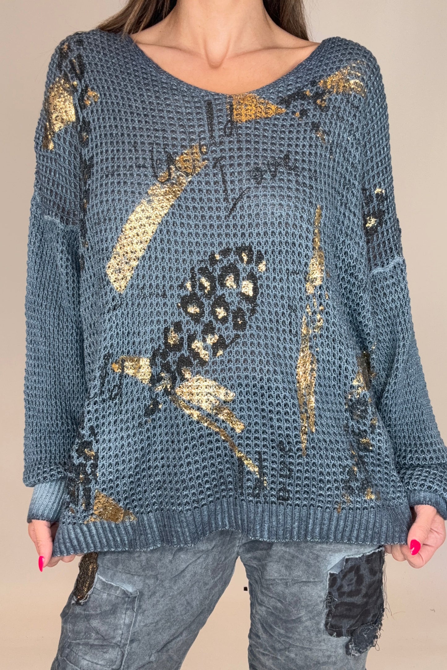 Denim Blue Metallic Gold Waffle Knit - Born To Glam Born To Glam