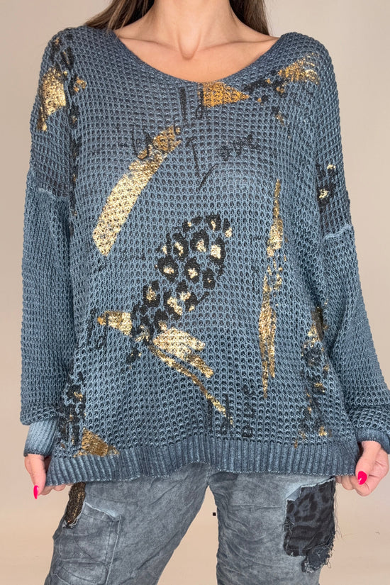 Denim Blue Metallic Gold Waffle Knit - Born To Glam Born To Glam