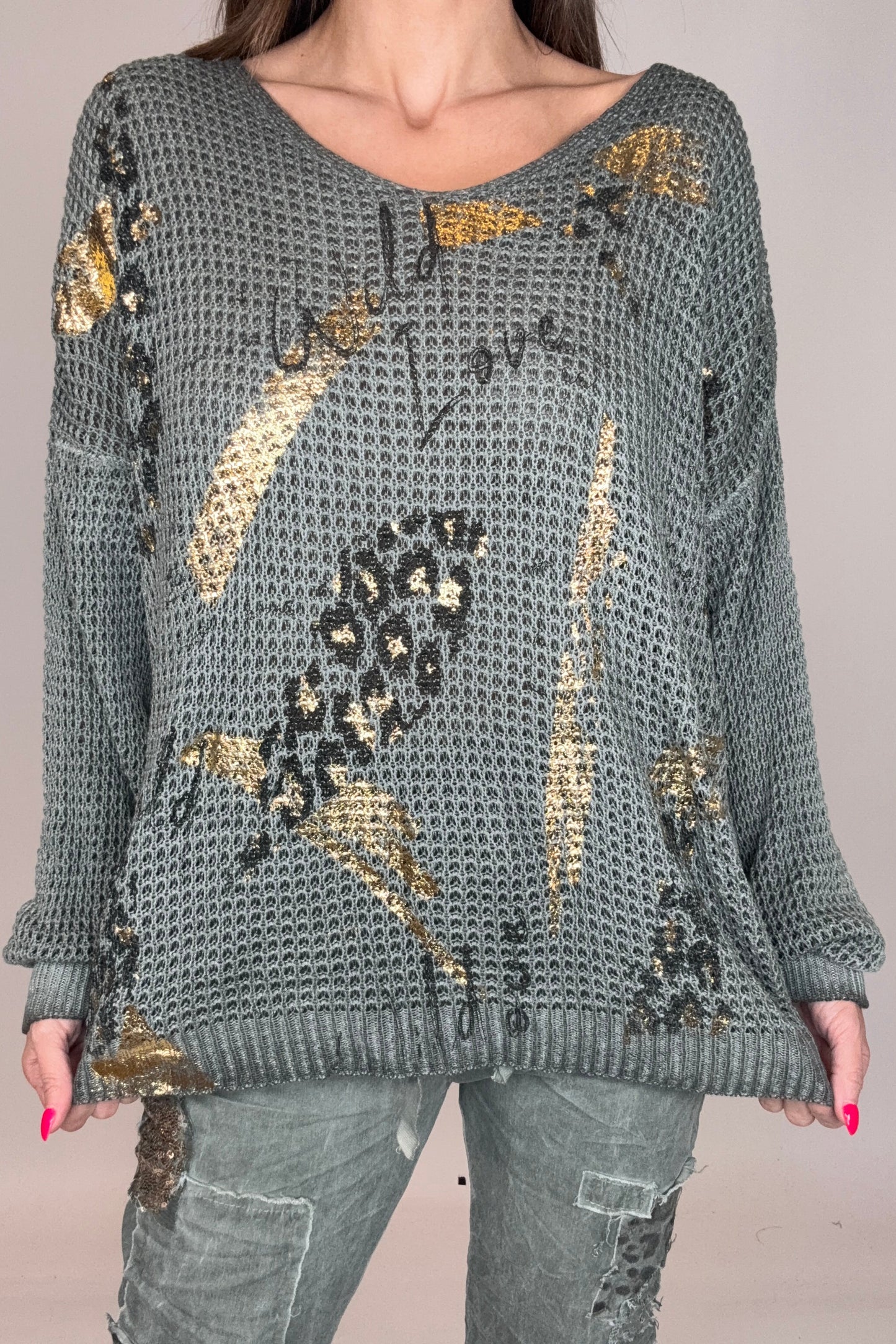 Camo Green Metallic Gold Waffle Knit - Born To Glam Born To Glam
