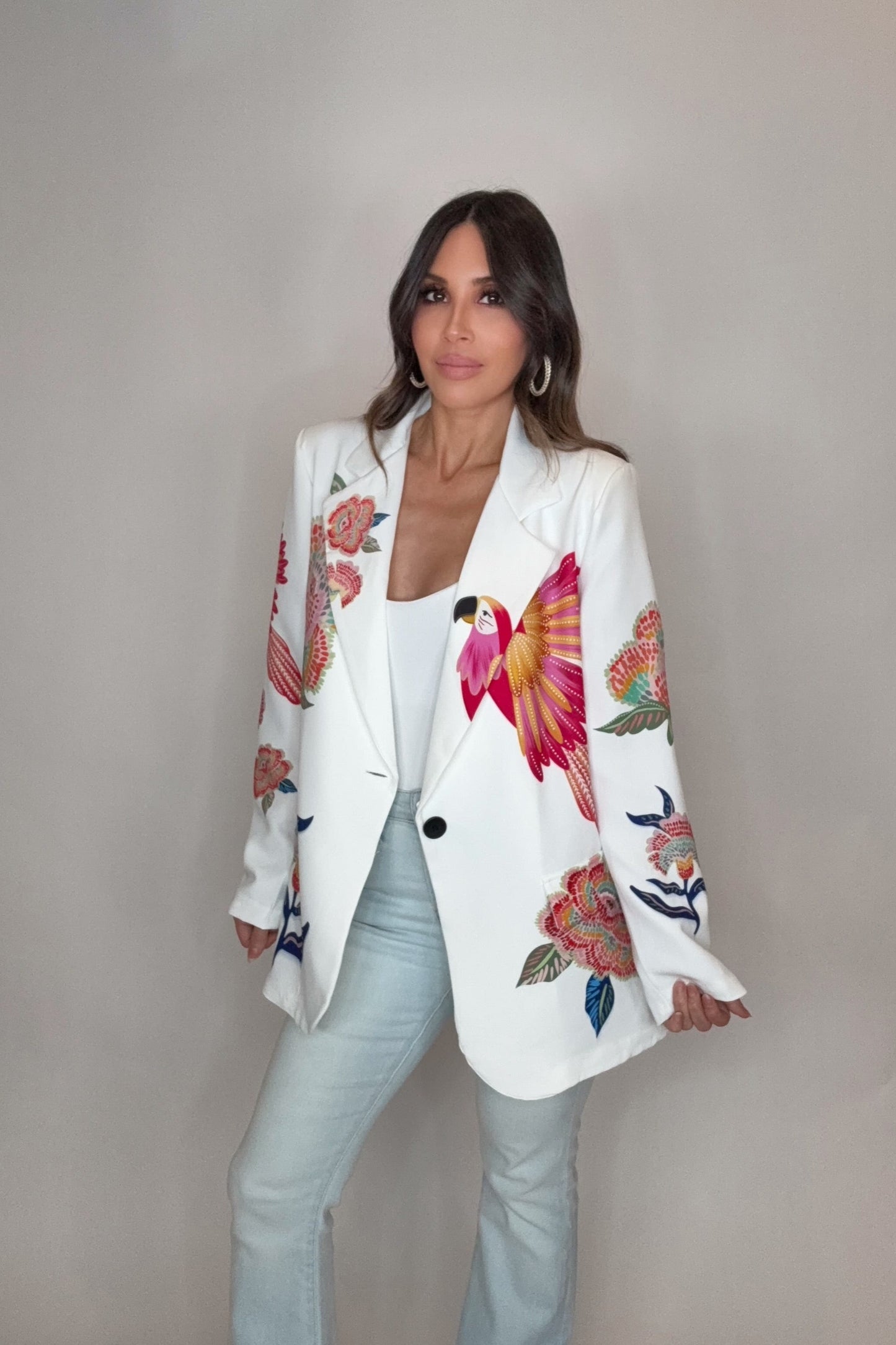 Italian White Parrot Printed Blazer - Born To Glam Born To Glam