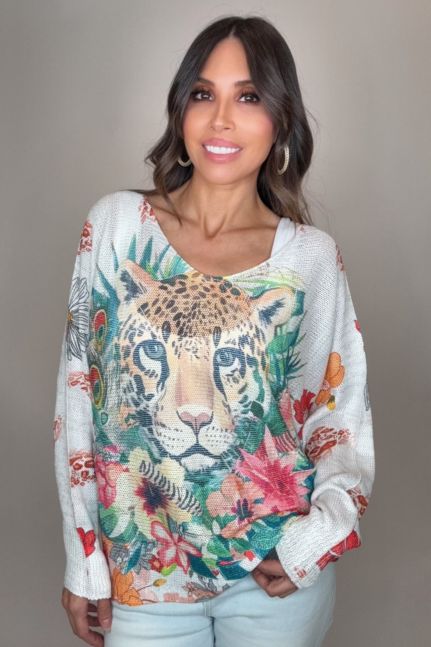 White Tiger Animal  Round Knit Printed Sweater - Born To Glam Born To Glam
