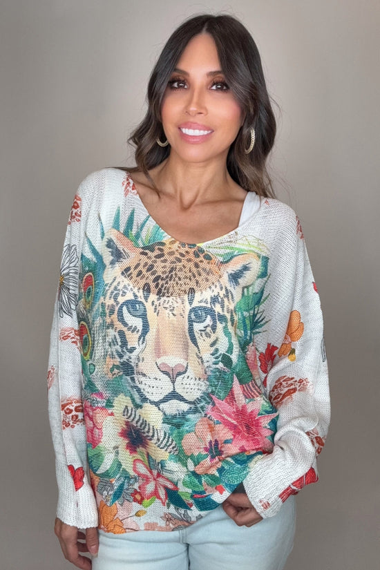 White Tiger Animal  Round Knit Printed Sweater - Born To Glam Born To Glam