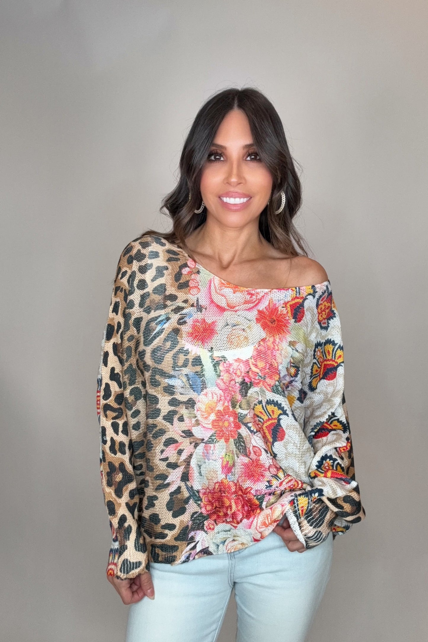 Pink Leopard Print Floral Round Neck Knit Printed Sweater - Born To Glam Born To Glam