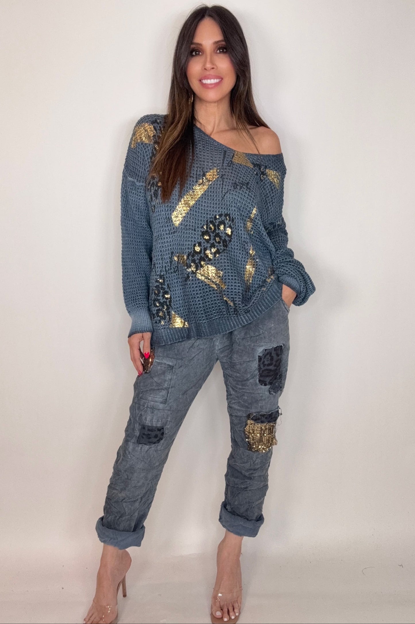 Denim Blue Metallic Gold Waffle Knit - Born To Glam Born To Glam