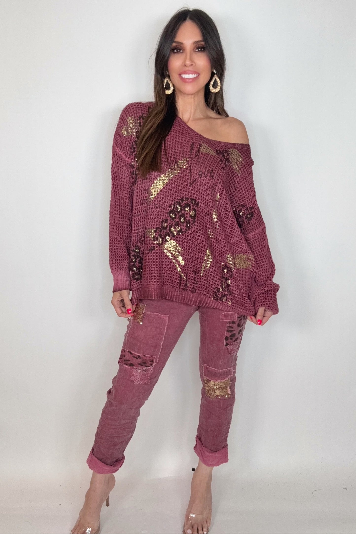 Wine Red Metallic Gold Waffle Knit - Born To Glam Born To Glam