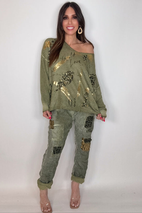 Avocado Green Metallic Gold Waffle Knit - Born To Glam Born To Glam