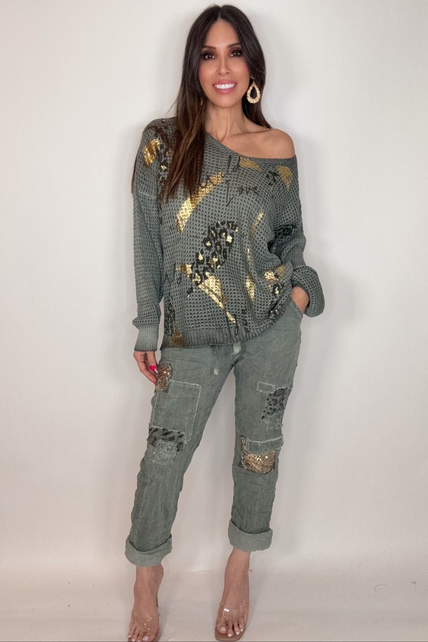 Camo Green Metallic Gold Waffle Knit - Born To Glam Born To Glam