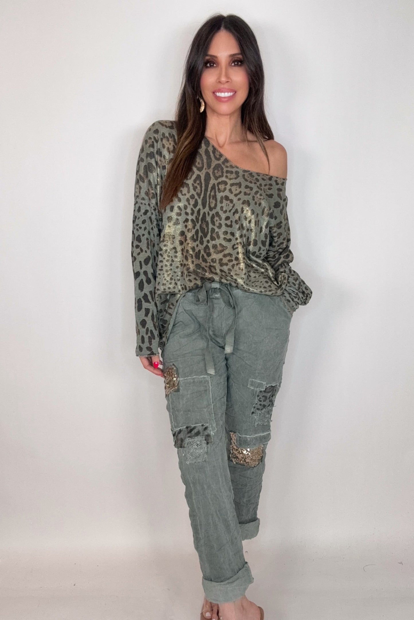 Camo Green Metallic Leopard Sweater - Born To Glam Born To Glam
