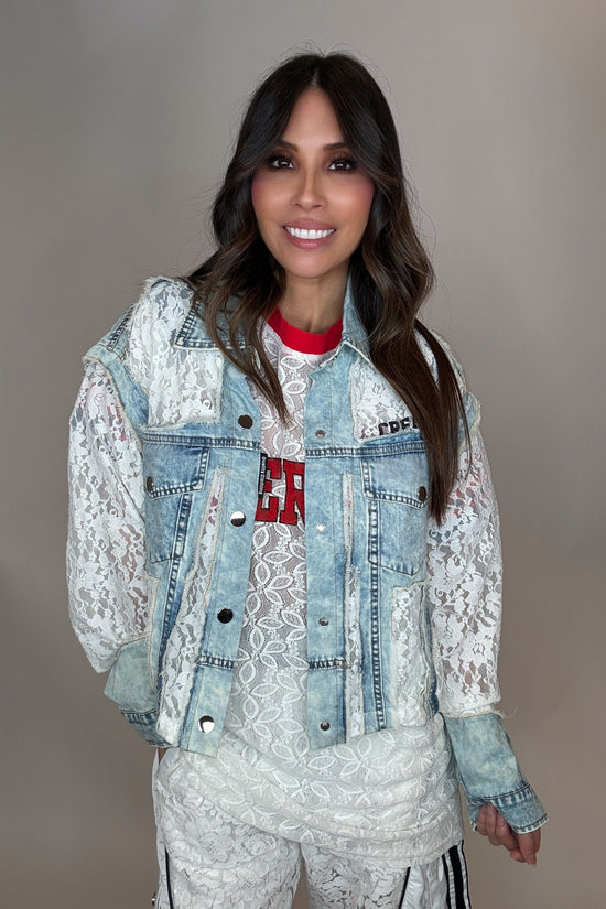 Cropped Denim Lace Contrast Jacket Top - Born To Glam Born To Glam