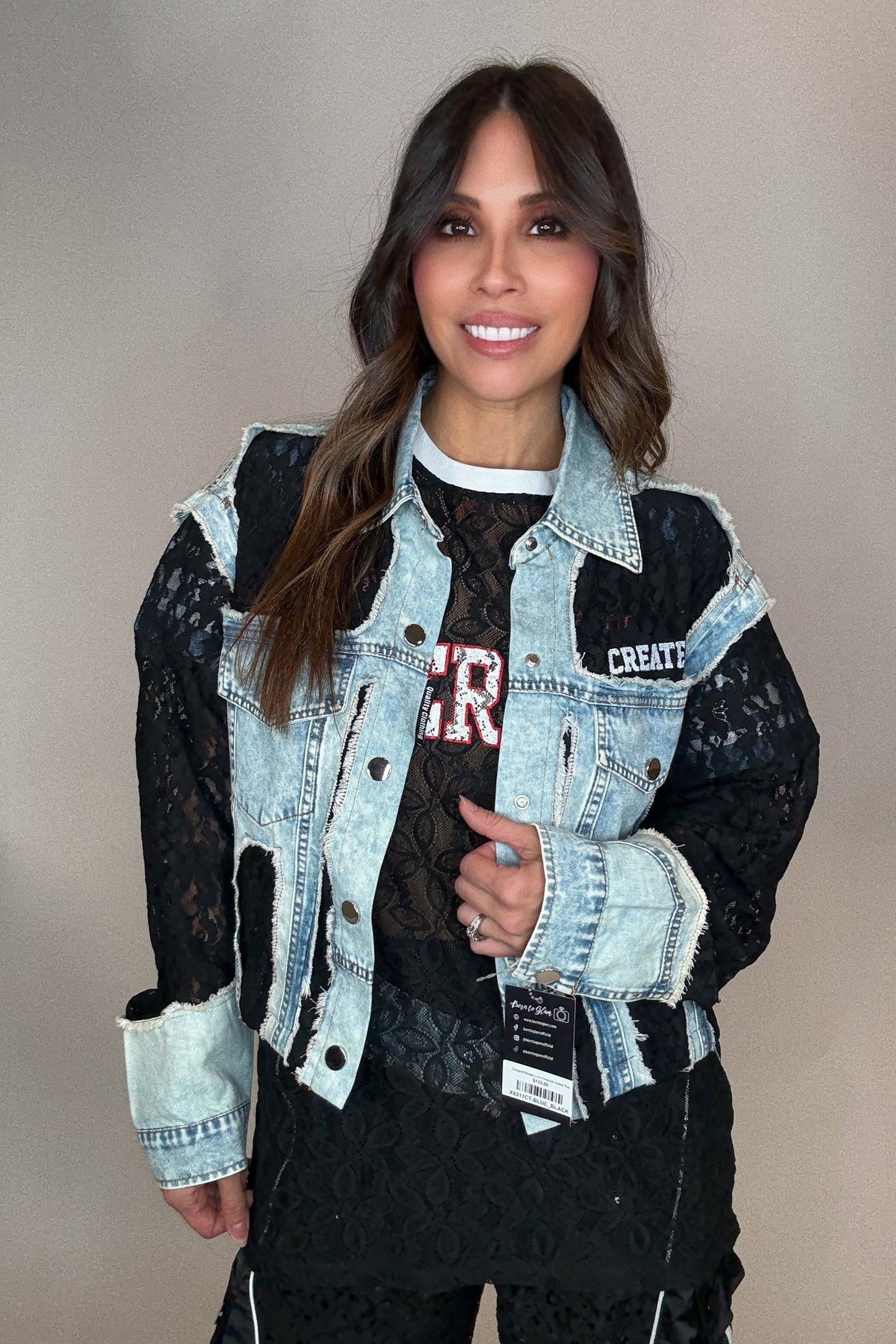 Cropped Denim Lace Contrast Jacket Top - Born To Glam Born To Glam