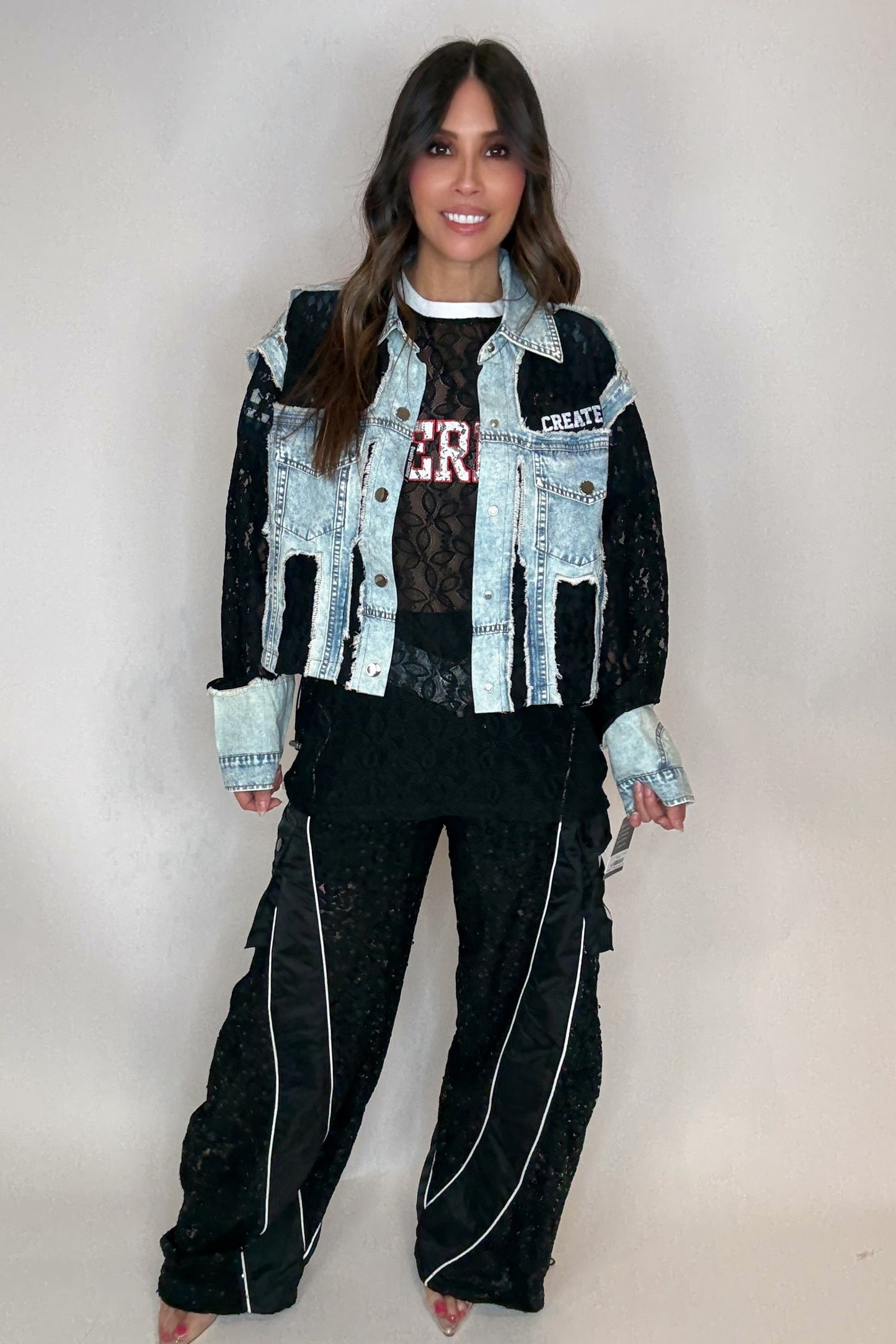 Cropped Denim Lace Contrast Jacket Top - Born To Glam Born To Glam