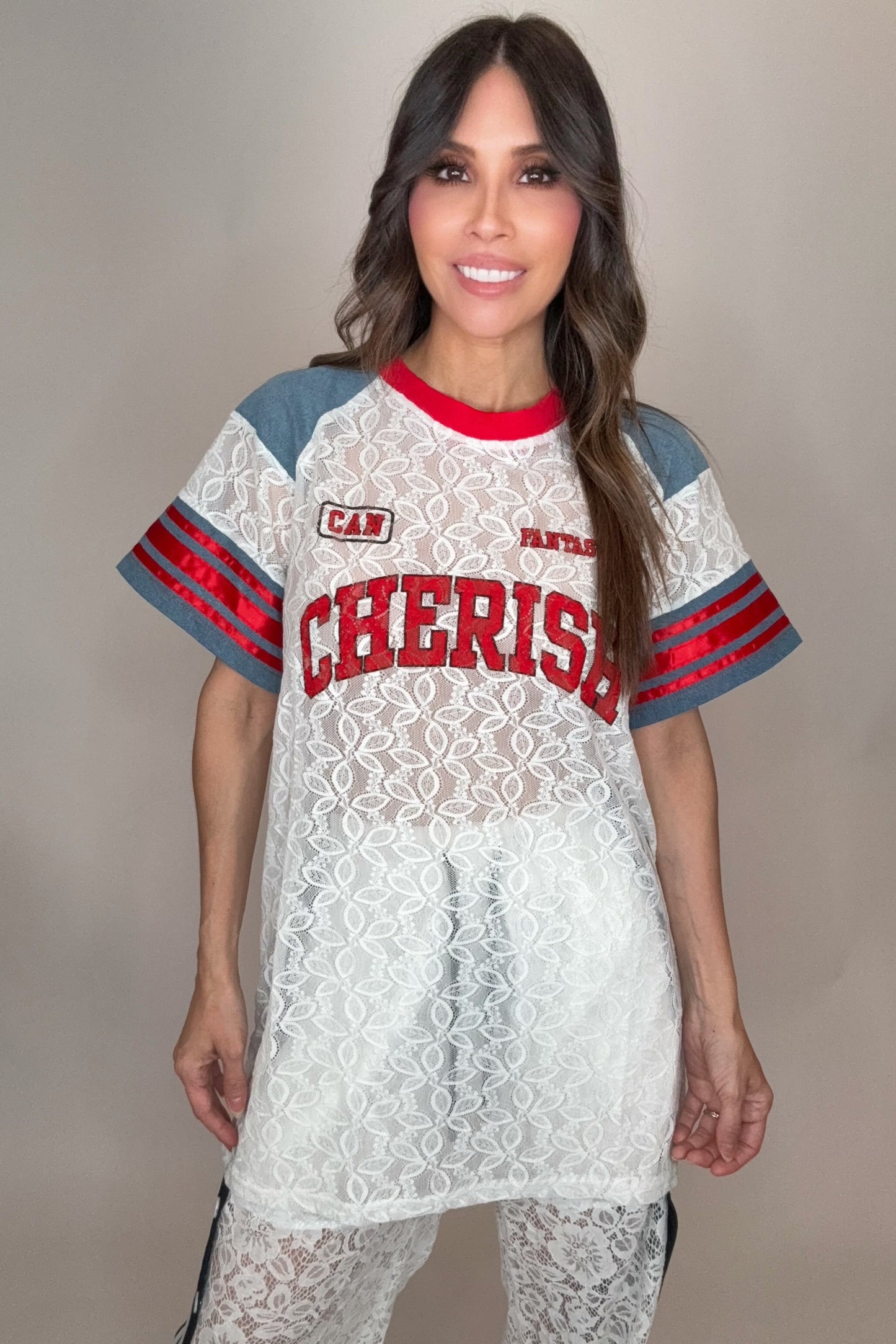 Lace Patchwork Graphic Tee with Denim - Born To Glam Born To Glam