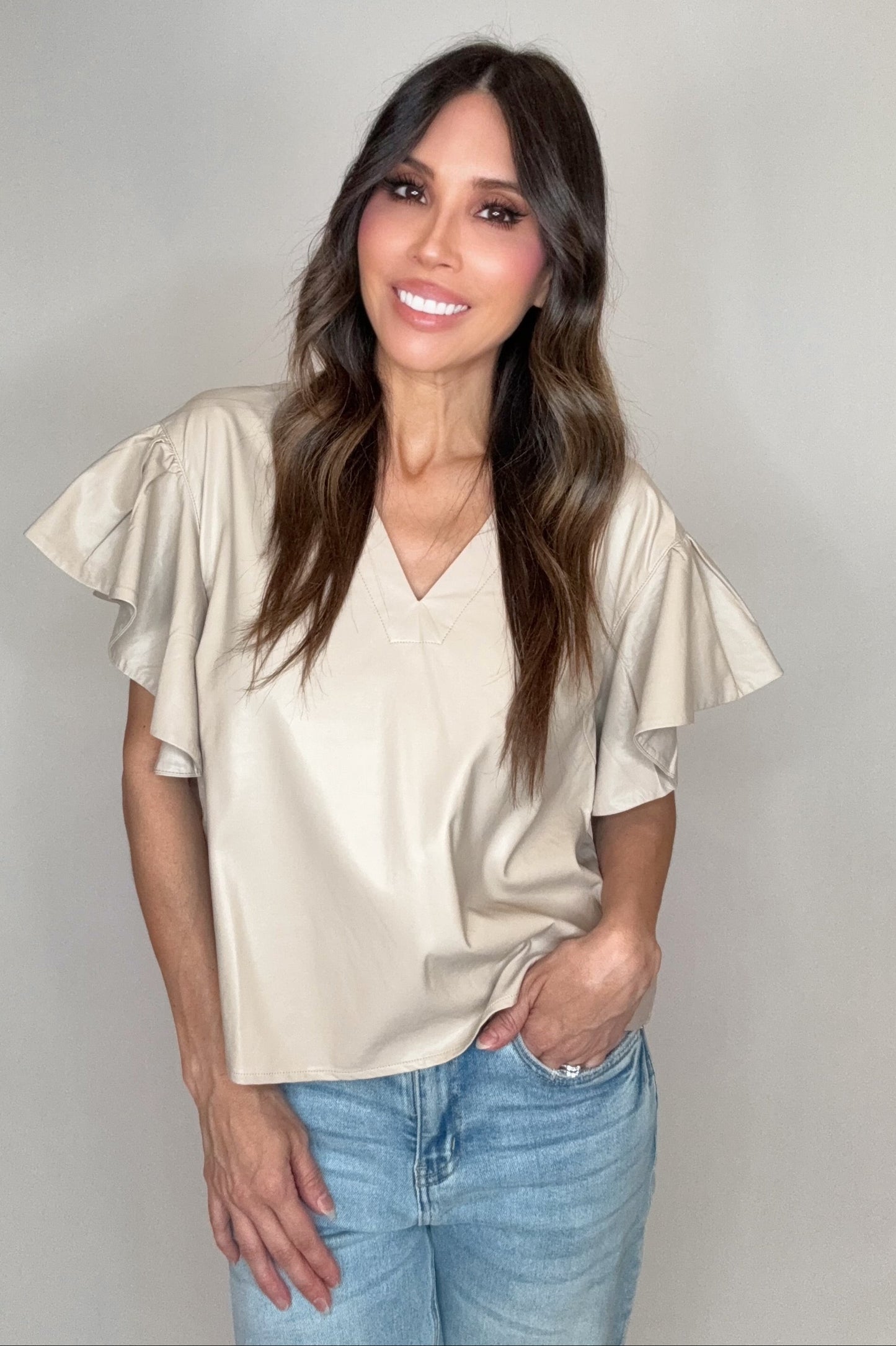 Faux Leather Ruffle Sleeve Top - Born To Glam Born To Glam