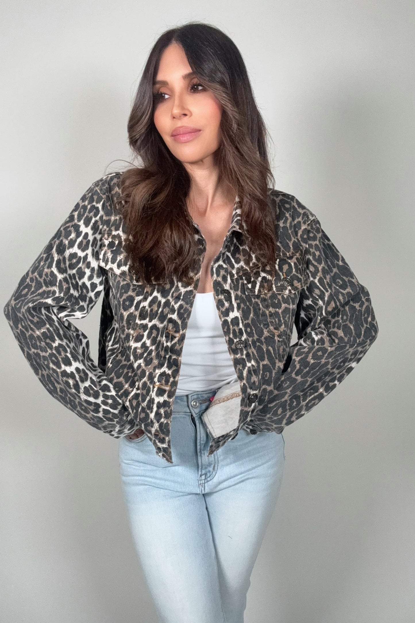 Leopard Print Button Up Denim Trucker Jacket - Born To Glam Born To Glam