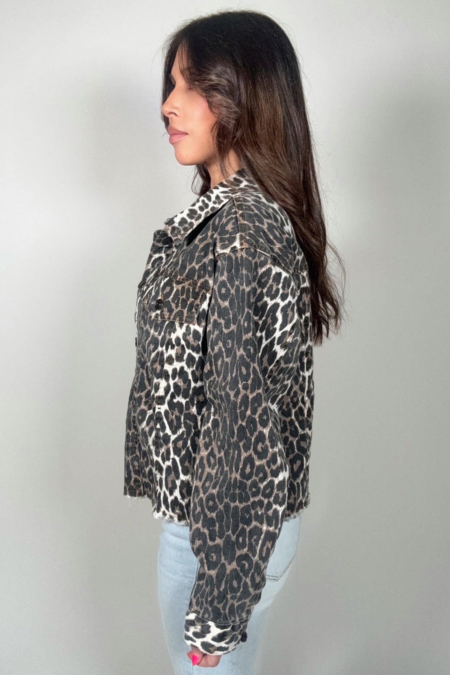 Leopard Print Button Up Denim Trucker Jacket - Born To Glam Born To Glam
