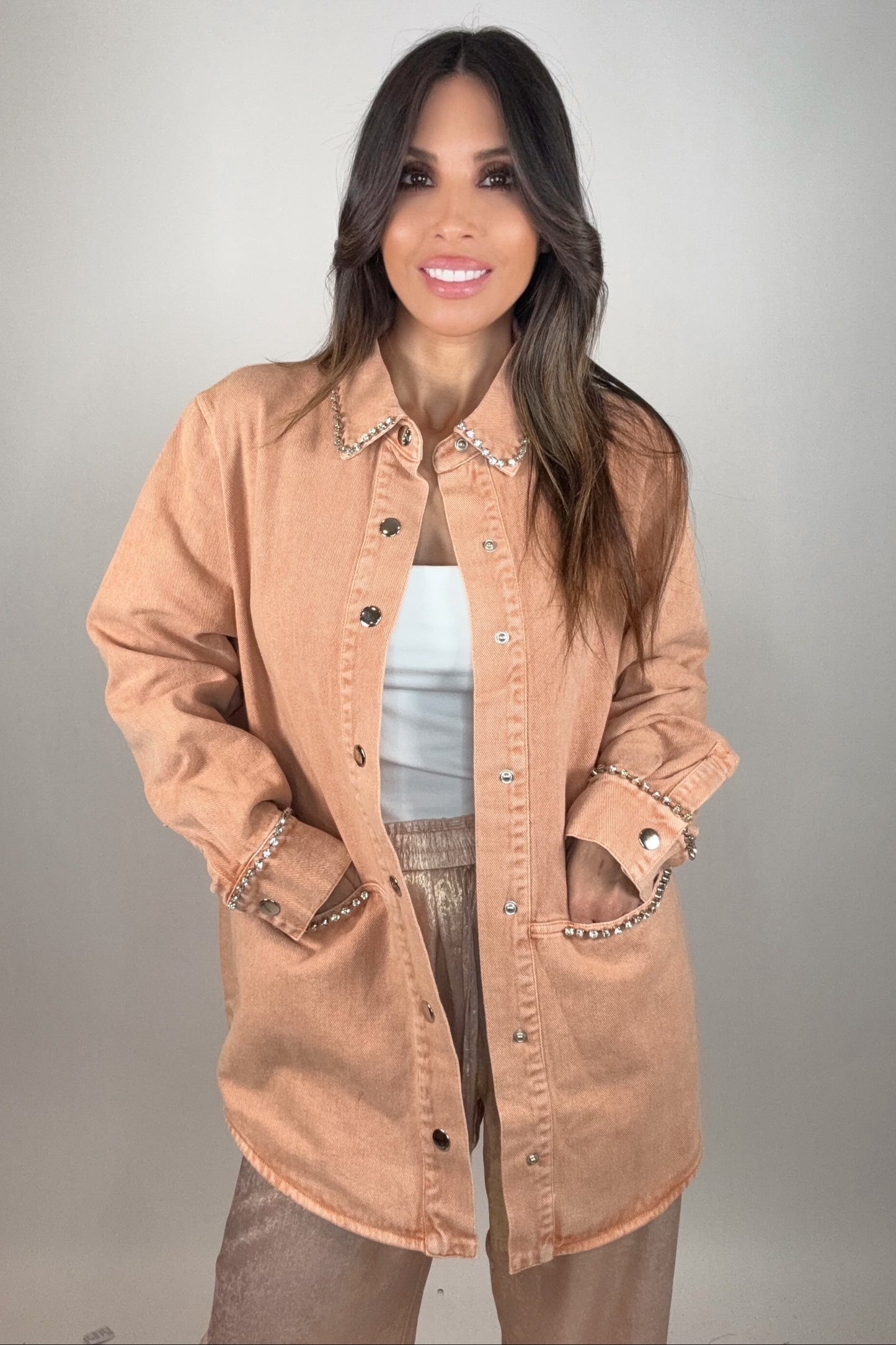 Rhinestone Appliques Washed Jean Shacket - Born To Glam Born To Glam