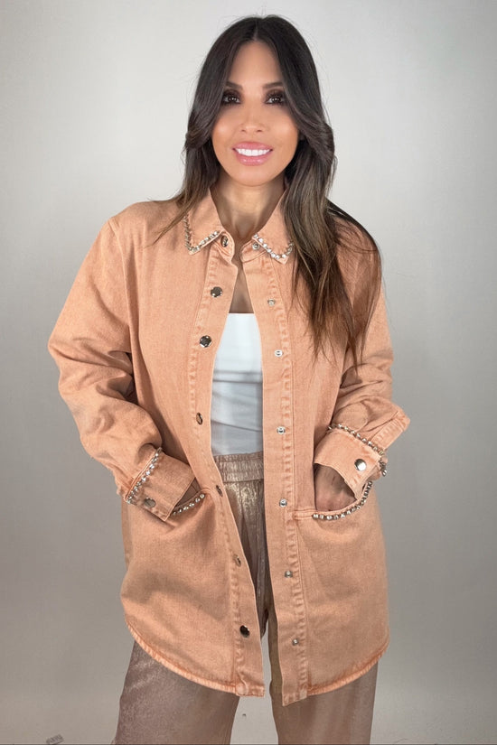Rhinestone Appliques Washed Jean Shacket - Born To Glam Born To Glam