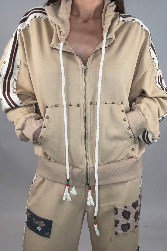 Tan French Terry Striped Elastic Trim Stud Knit Hoodie Top - Born To Glam Born To Glam