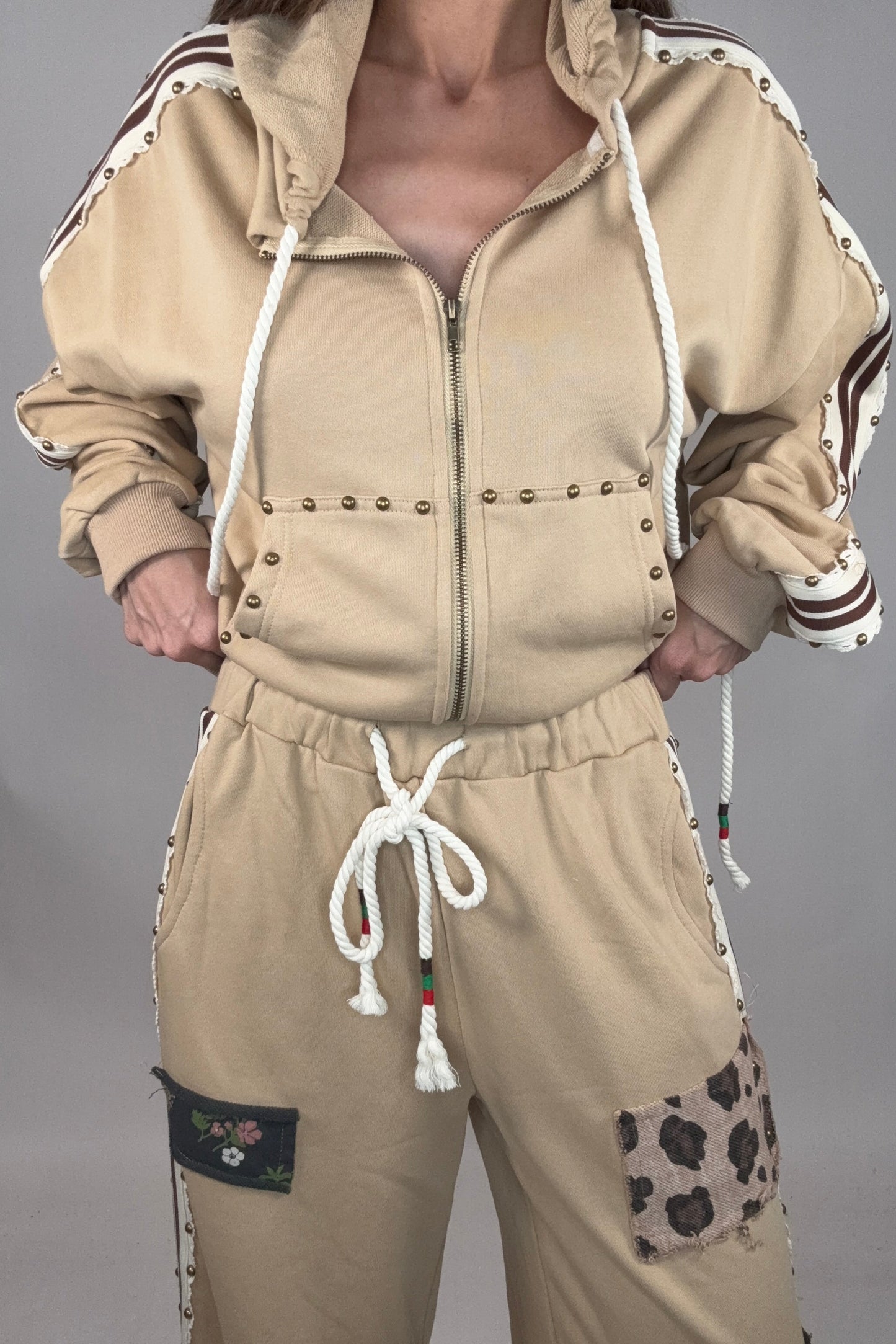 Tan French Terry Striped Elastic Side Stud Detail Knit Pants - Born To Glam Born To Glam