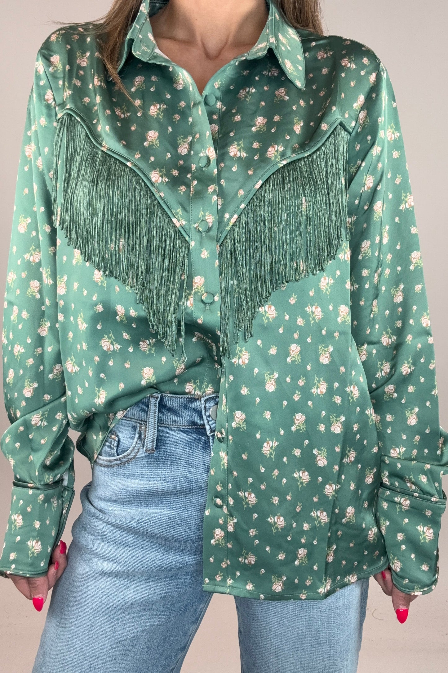 Olive Fringe Detail Button Down Shirt - Born To Glam Born To Glam