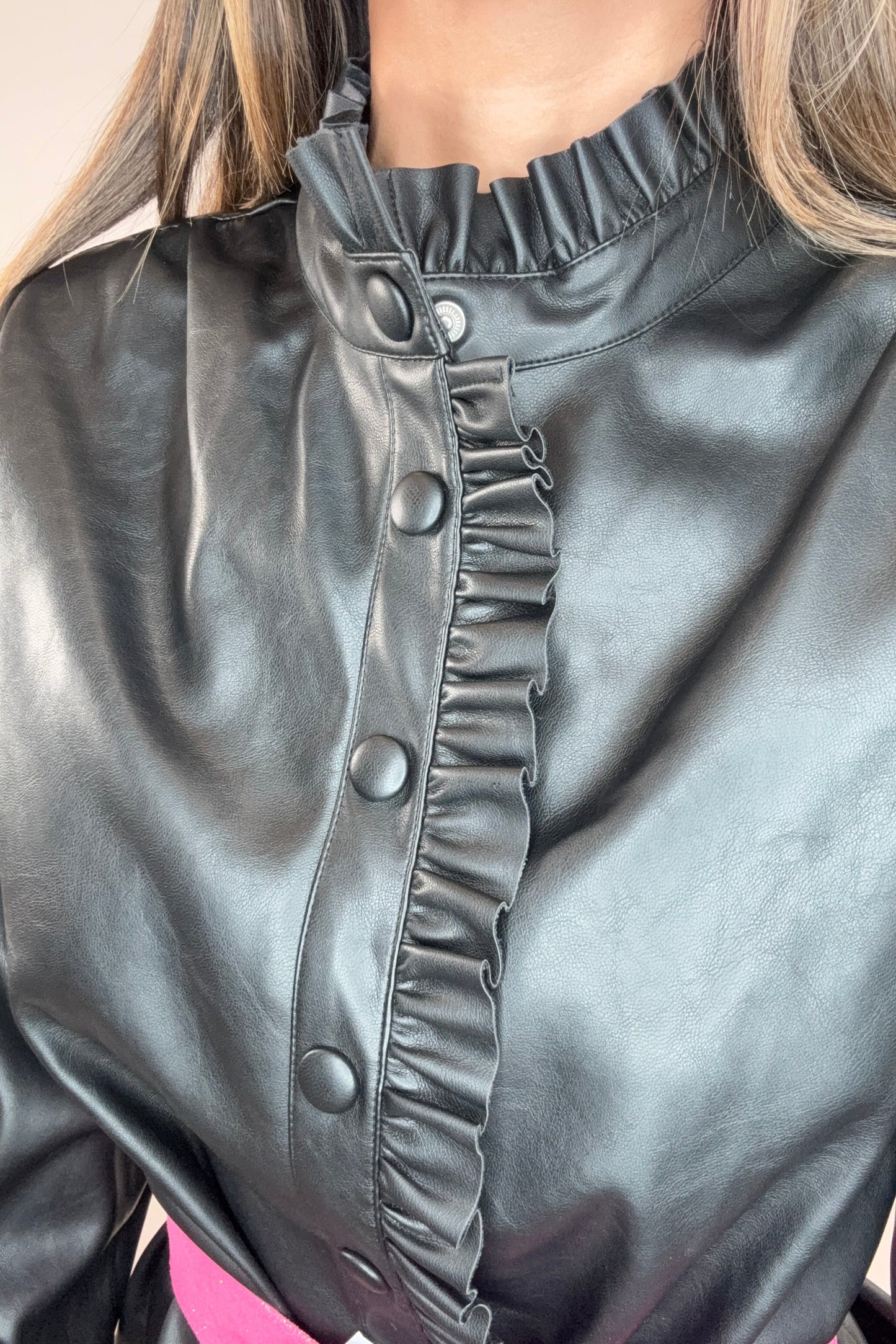 Black Ruffle Detail Pleated Faux Leather Dress - Born To Glam Born To Glam