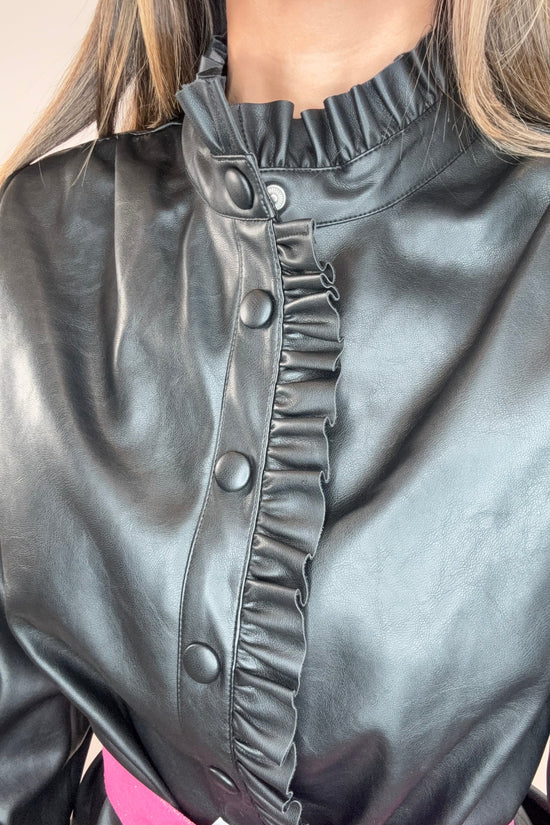 Black Ruffle Detail Pleated Faux Leather Dress - Born To Glam Born To Glam