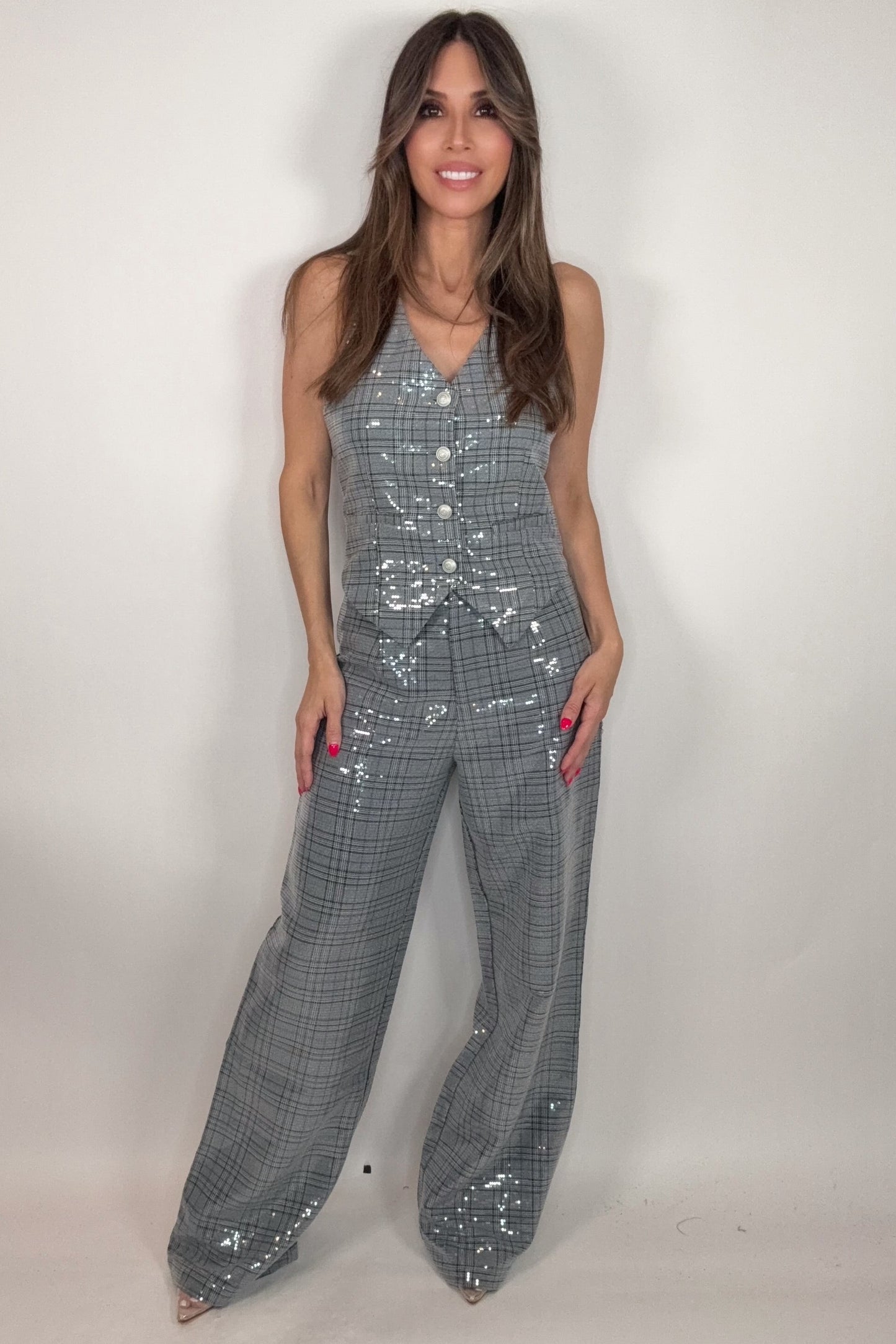 Sequin Embellished Plaid Vest - Born To Glam Born To Glam