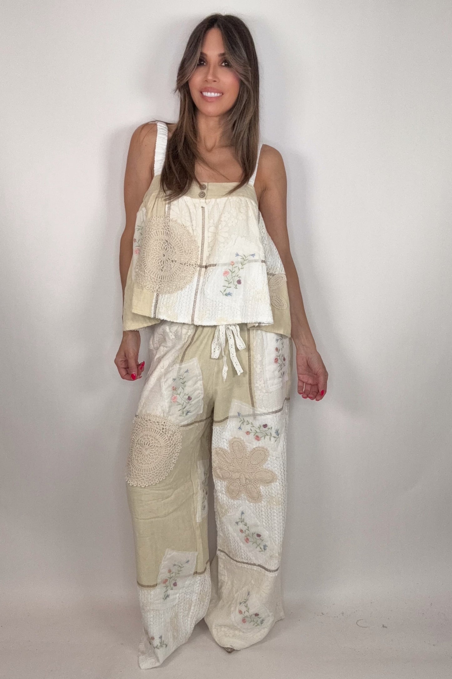 Natural Solid Lace Patch Detail Woven Pants Born To Glam