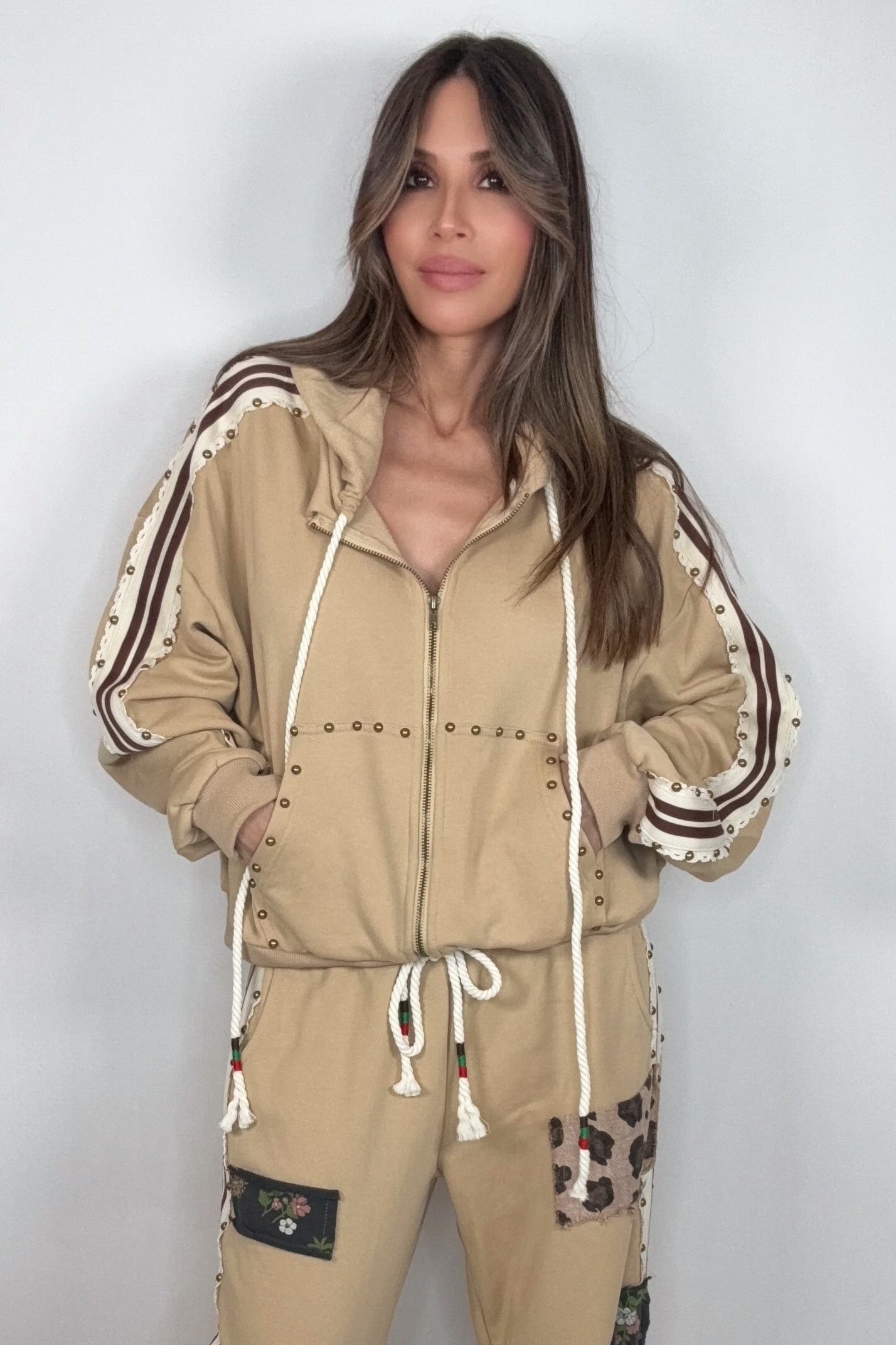 Tan French Terry Striped Elastic Side Stud Detail Knit Pants - Born To Glam Born To Glam