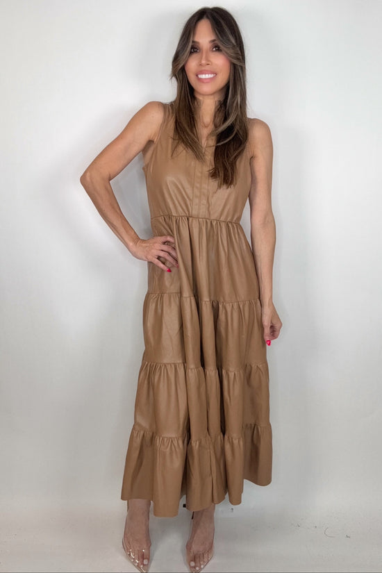 Camel Faux Leather Midi Dress - Born To Glam Born To Glam