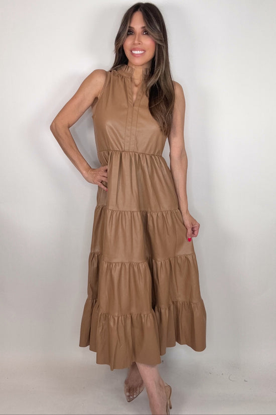 Camel Faux Leather Midi Dress - Born To Glam Born To Glam