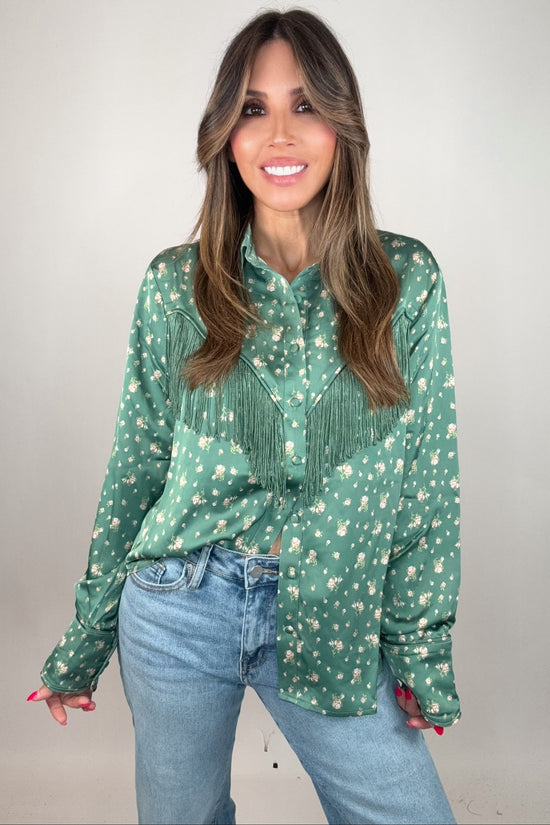 Olive Fringe Detail Button Down Shirt - Born To Glam Born To Glam