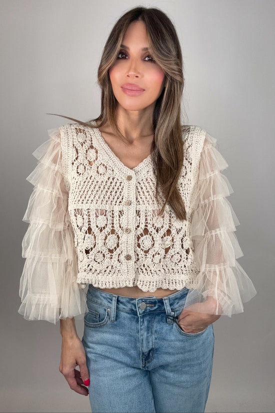 Crochet Cropped Cardigan With Tiered Mesh Sleeves - Born To Glam Born To Glam