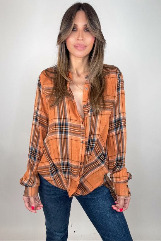 Pumpkin Washed Plaid Surplice Blouse - Born To Glam Born To Glam