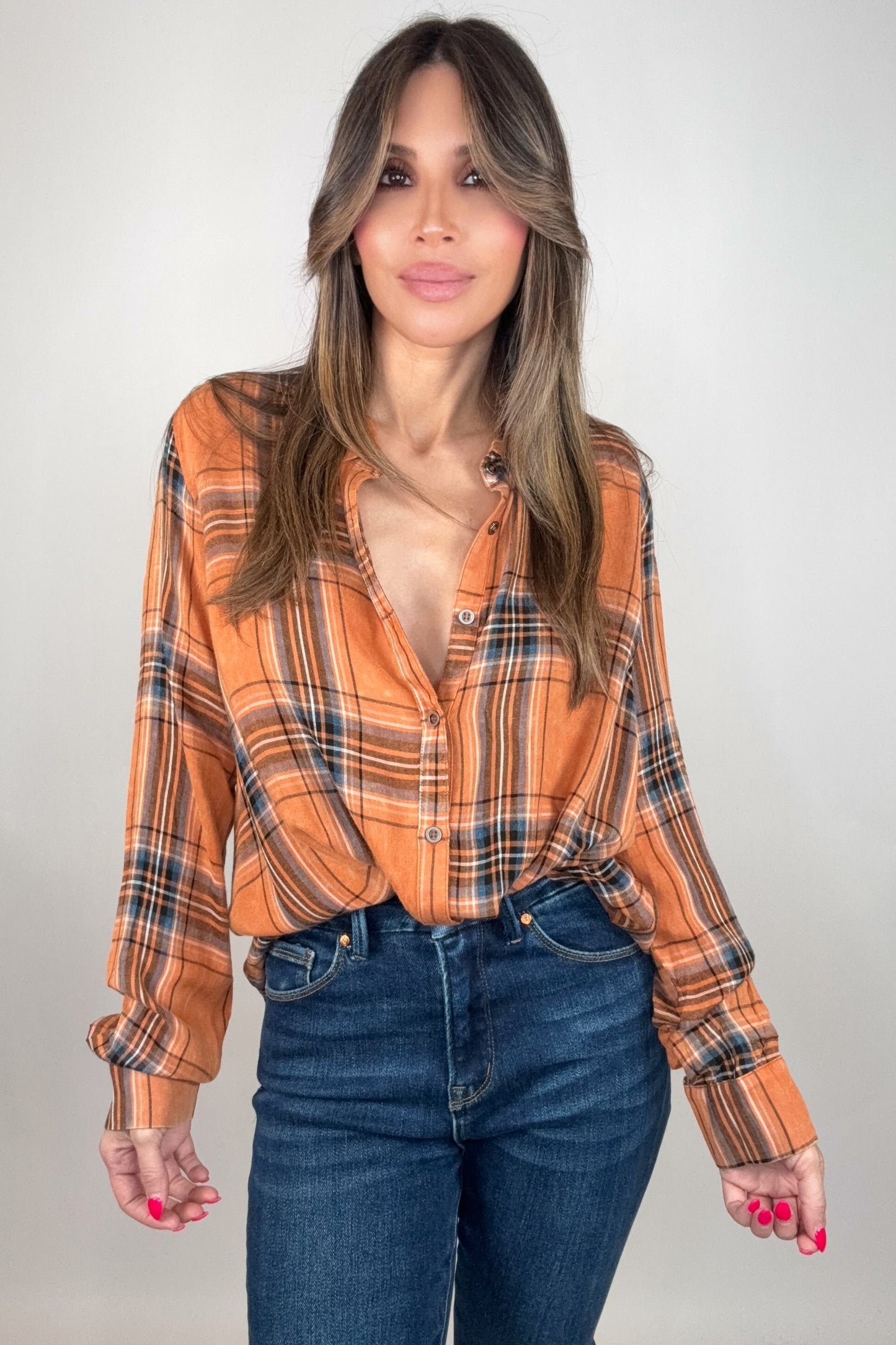 Pumpkin Washed Plaid Surplice Blouse - Born To Glam Born To Glam