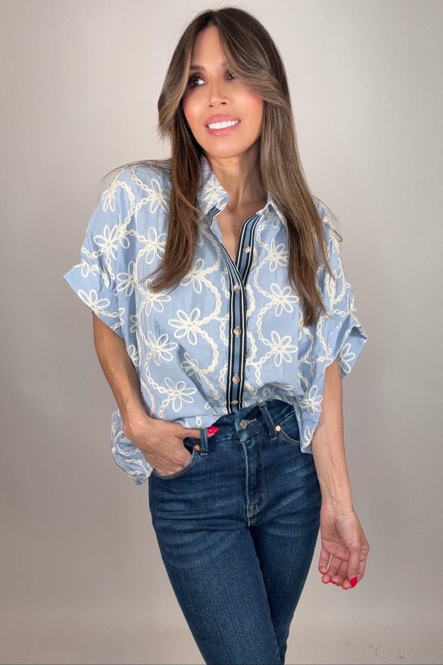 Dolman Sleeve Button Down Collared Embroidered Top - Born To Glam Born To Glam