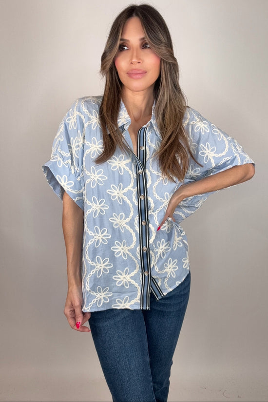 Dolman Sleeve Button Down Collared Embroidered Top - Born To Glam Born To Glam