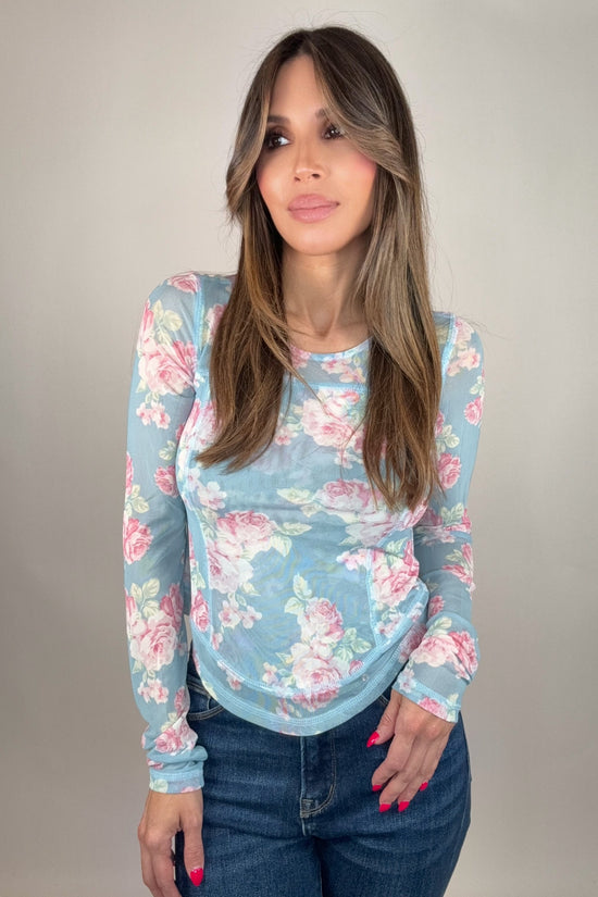 Blue Floral Mesh Long Sleeve Layering Top Born To Glam