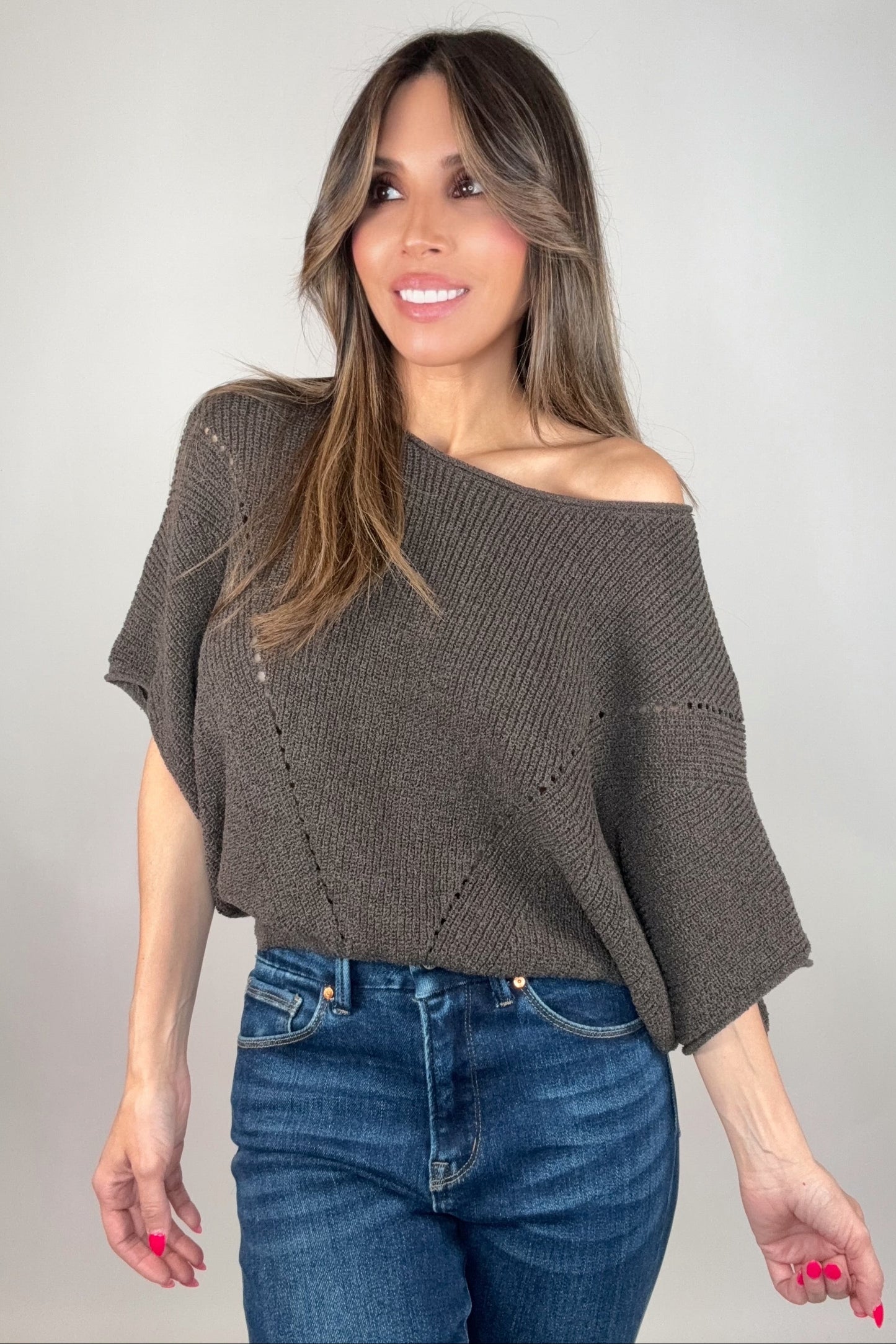 Brown Short-Sleeve Ribbed Knit Sweater Born To Glam