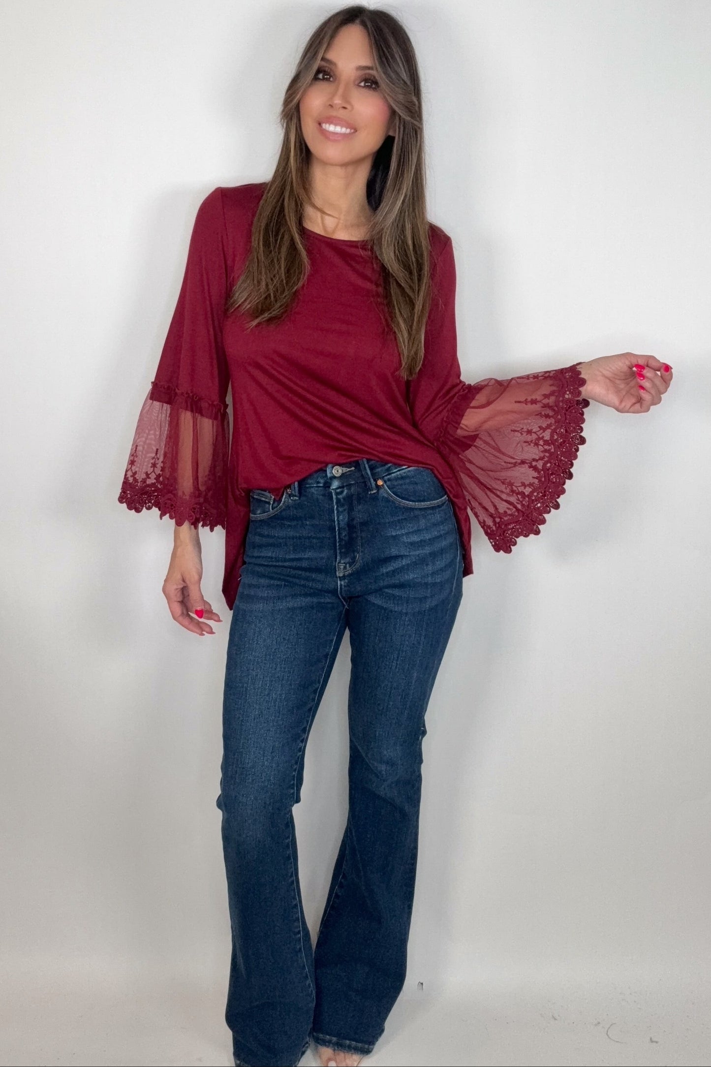 Wine Tunic Top with Lace Sleeve - Born To Glam Born To Glam