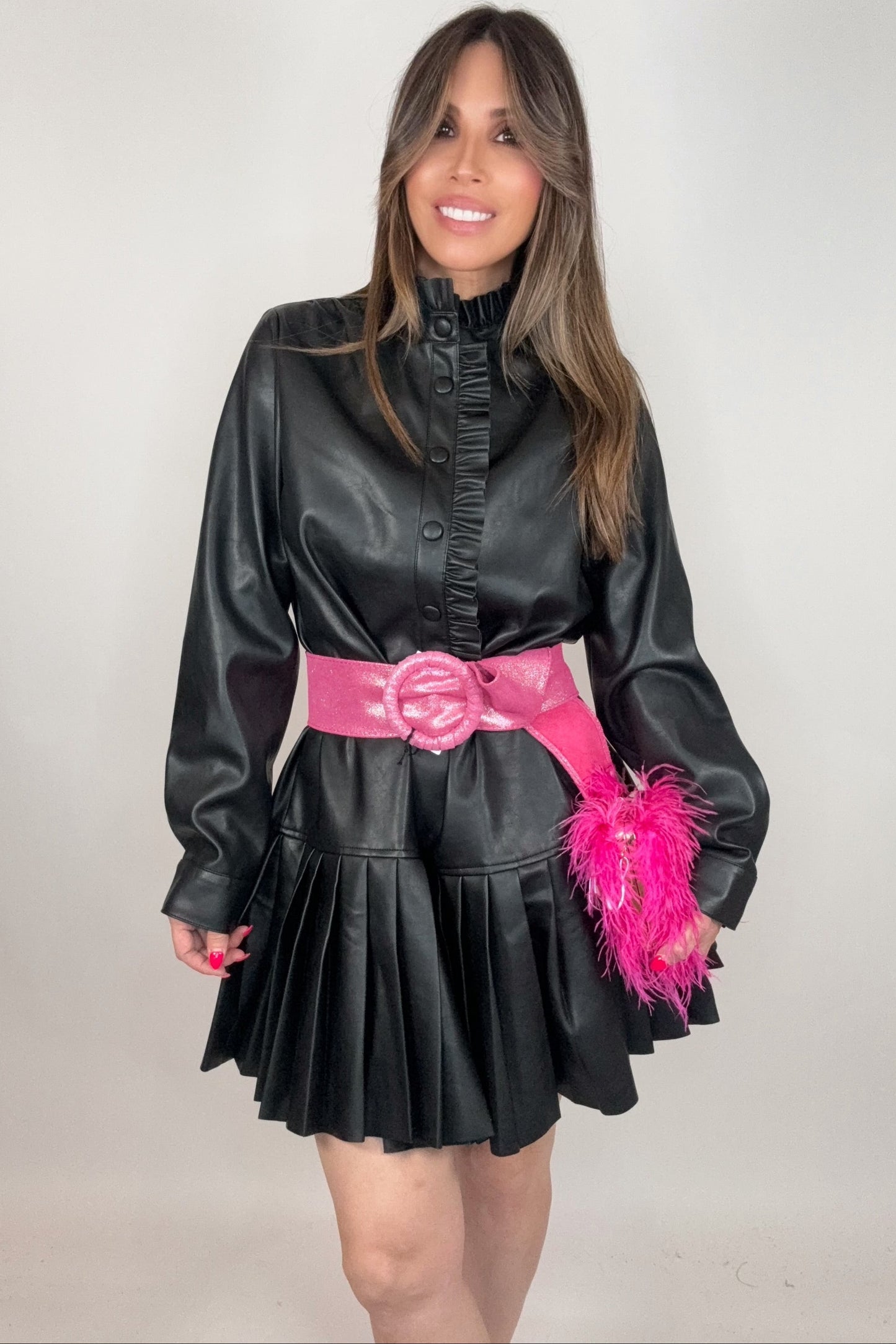 Black Ruffle Detail Pleated Faux Leather Dress - Born To Glam Born To Glam