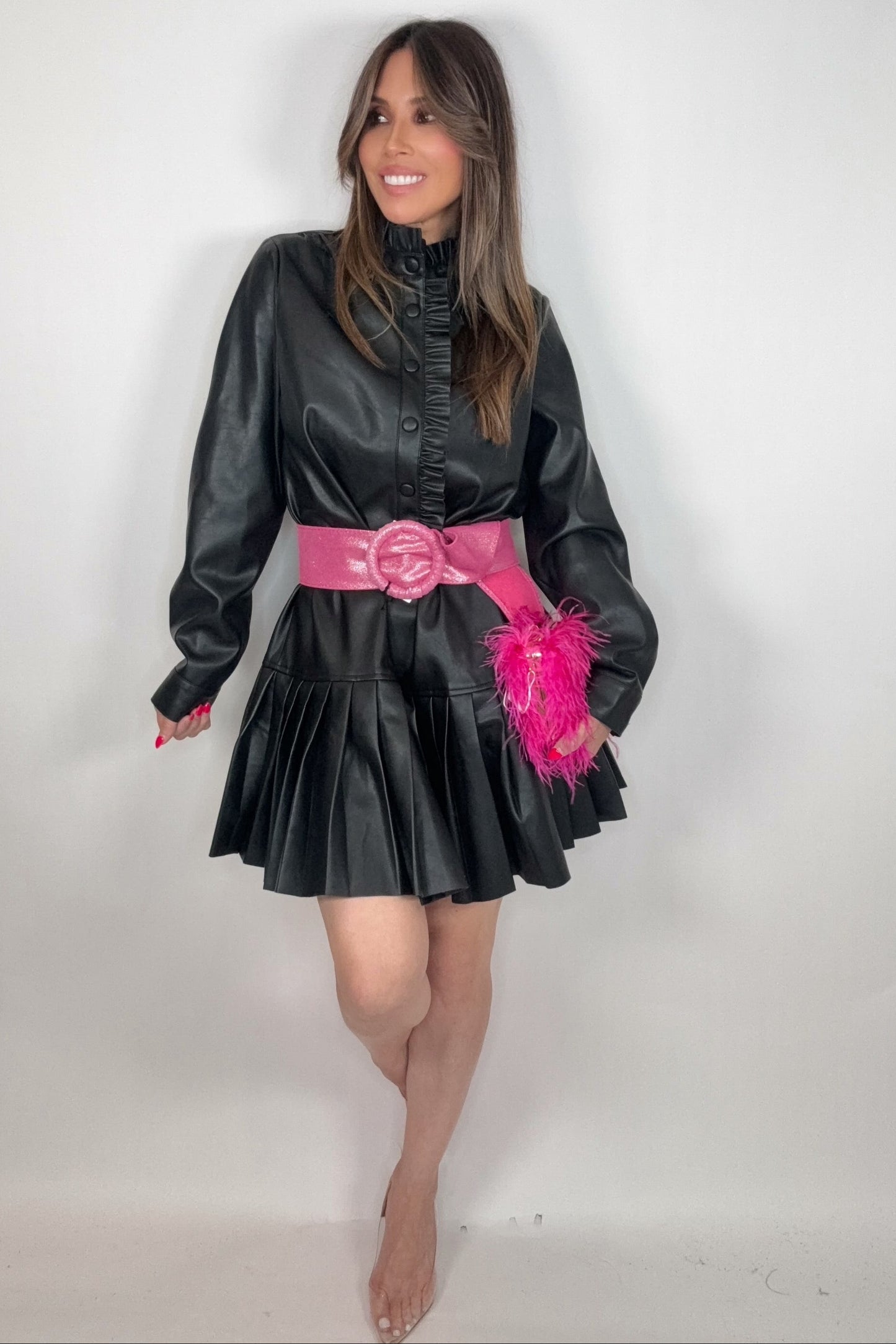 Black Ruffle Detail Pleated Faux Leather Dress - Born To Glam Born To Glam