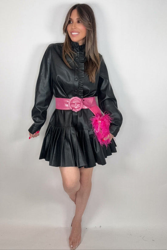 Black Ruffle Detail Pleated Faux Leather Dress - Born To Glam Born To Glam