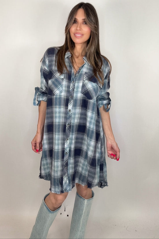 Blue Washed Plaid Shirt Dress - Born To Glam Born To Glam