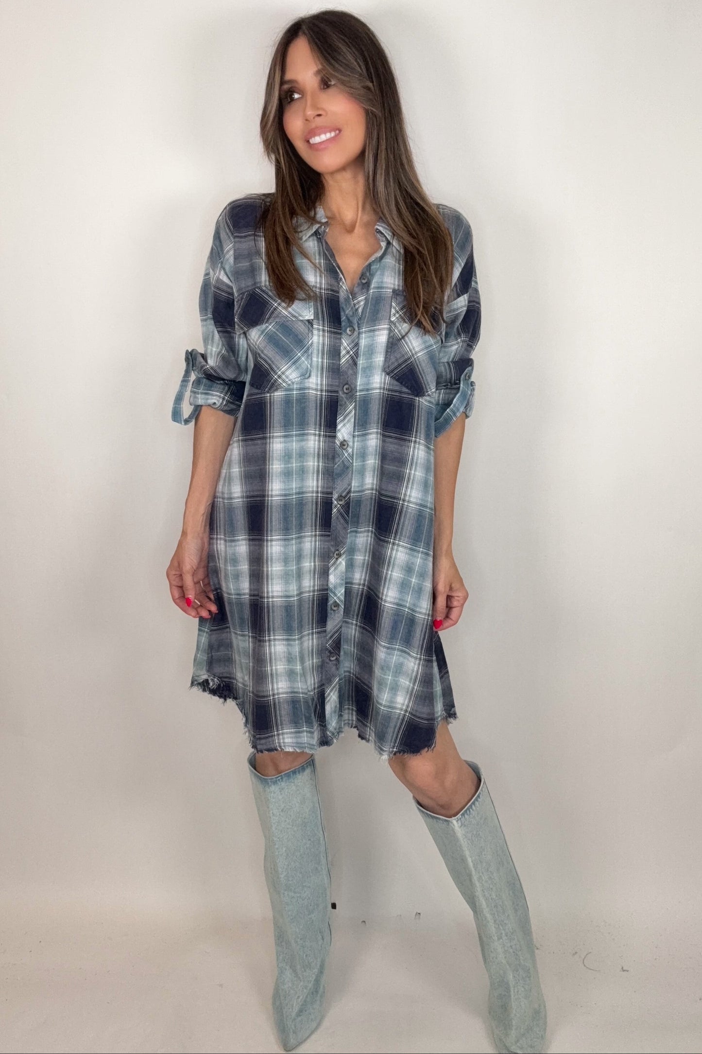 Blue Washed Plaid Shirt Dress - Born To Glam Born To Glam